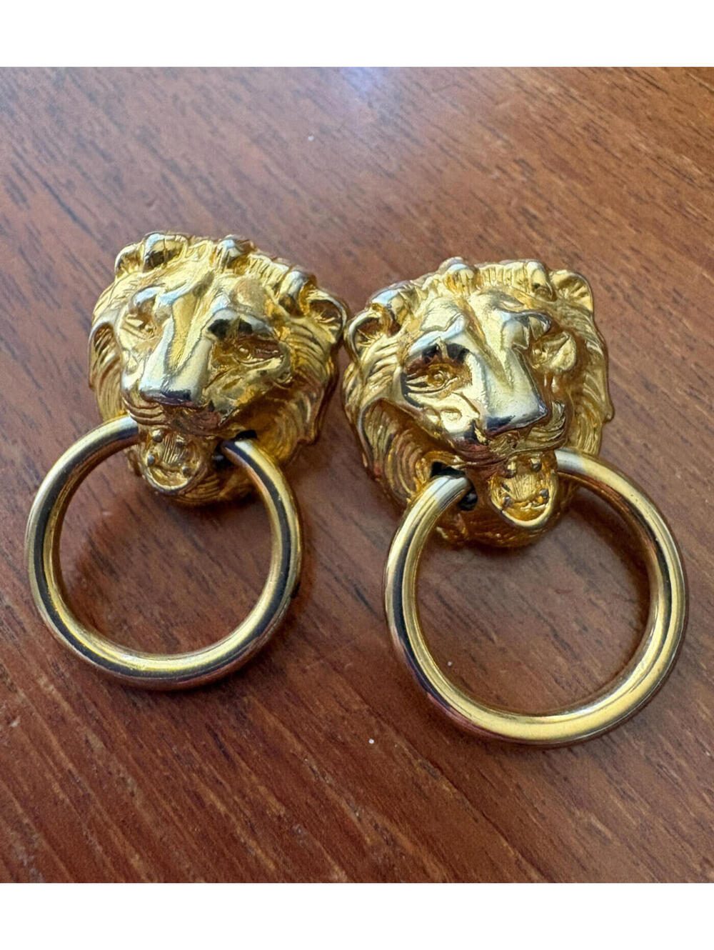 Vintage Anne Klein AK Gold Tone Lion Head Door Knocker Pierced Earrings